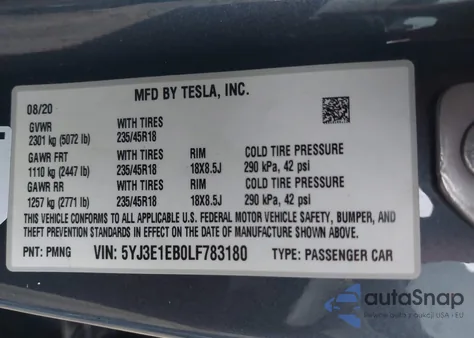 2020 Tesla Model 3 Long Range Dual Motor All-Wheel Drive from USA, damaged, VIN 5YJ3E1EB0LF783180
